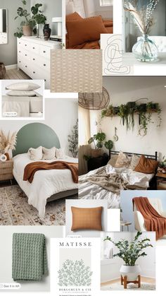 a collage of photos showing different rooms and furniture in neutral colors, including bedding,