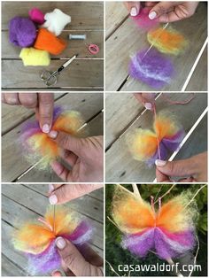 the process to make a colorful butterfly with yarn, scissors and thread on wooden table