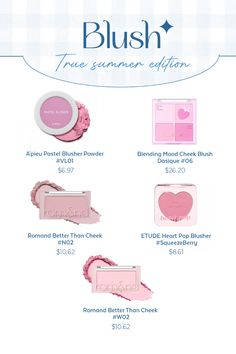 #truesummer #seasonalcolor #cooltone #makeup #blush #apieu #dasique #romand #etude Blush Products, Color Analysis Summer, Light Spring Color Palette, Cool Summer Palette, Soft Summer Palette, Soft Summer Color Palette, Light Spring Colors