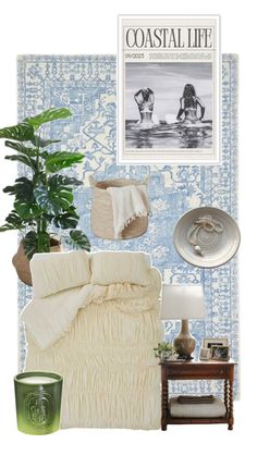 a bedroom with blue and white wallpaper, potted plant, bedding and other items