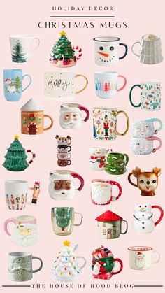 christmas mugs are displayed on a pink background with the words, holiday decor and decorations