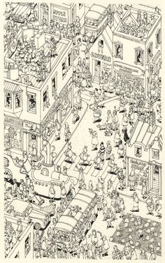 a black and white drawing of a city with lots of people walking around the streets