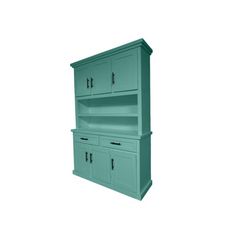 a green cabinet with two doors and drawers on the bottom, against a white background