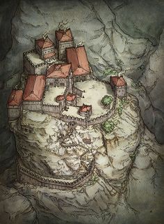 a drawing of a castle on top of a mountain