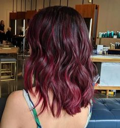 Short Hair Color Ideas For Black Hair, Red Highlight On Brown Hair, Red On Brown Hair Highlights, Shoulder Length Hair Red Balayage, Red Wine Highlights On Brown Hair, Short Red Hair With Black Roots, Short Red Hair Balayage, Cherry Red Hair With Dark Roots, Red Hair With Brunette