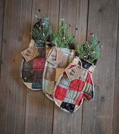 three pot holders with plants in them on a wooden surface