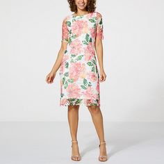 Nina Leonard Printed Floral Lace Sheath Dress   This effortless dress stays the stylish course throughout the seasons and perfect for any occasion. Spring Sheath Shift Midi Dress, Shift Sheath Dresses For Spring, Spring Sheath Midi Shift Dress, Spring Sheath Shift Dress, Elegant Floral Print Shift Dress, Summer Floral Print Knee-length Lace Dress, Multicolor Floral Embroidered Knee-length Dress, Knee-length Jacquard Floral Print Dress, Multicolor Floral Print Knee-length Mini Dress