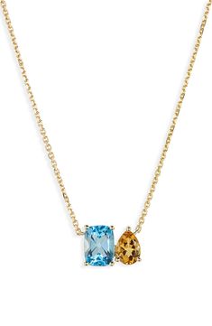 Nestled pendants of blue topaz and yellow citrine add a pop of color to this elegant chain necklace handcrafted from polished 14-karat gold. 16" length; 2" extender; 3/8" square pendant   14k gold/topaz/yellow citrine   Imported   Certified member of the Responsible Jewellery Council (RJC), which sets standards for supply chain integrity and sustainability throughout the global jewelry and watch industries Topaz Jewelry Yellow, Topaz Yellow, School Jewelry, Princess Necklace, Bony Levy, Gold Topaz, Citrine Jewelry, Blue Topaz Pendant, Citrine Pendant