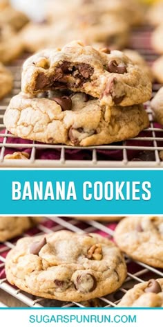 chocolate chip banana cookies on a cooling rack with the words, how to bake