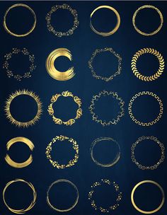 a collection of golden circular frames on a blue background