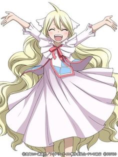 an anime character with long blonde hair wearing a dress and holding her arms out in the air