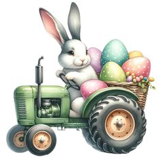 an easter bunny driving a tractor with eggs in the basket on it's back