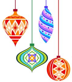 three christmas ornaments hanging from strings on a white background