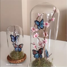 two glass vases with flowers and butterflies in them