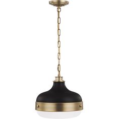 an antique brass and black pendant light with chain hanging from the bottom, on a white background