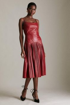 Leather Pleat And Stud Detail Midi Dress Dark Luxury, Leather Midi Dress, Red Midi Dress, Style Skirt, Body Warmer, Leather Dresses, Karen Millen, Leather Dress, After Dark