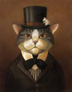 a painting of a cat wearing a suit and top hat with a white rat on it's head