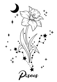 a black and white drawing of a flower with stars on it's side, next to the word piscs