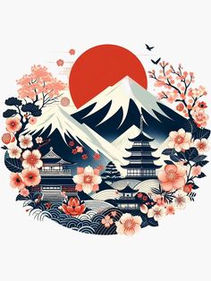 Pegatina con la obra «Cultura japonesa con elementos como sakuras (flores de cerezo), montañas y un estilo de arte tradicional» de Glowy Mind | Redbubble Japan Graphic Design, Pelo Anime, Tshirt Illustration, Aesthetic Japan, Maneki Neko, Graphic Design