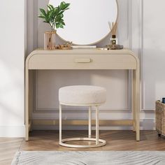 a vanity with a mirror and stool in front of it