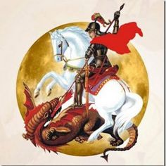 a man riding on the back of a white horse next to a dragon in front of a full moon