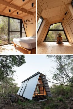 two pictures show the inside and outside of a small cabin with windows on each side