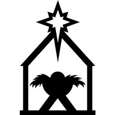 a black and white christmas nativity scene with a star above the church's roof