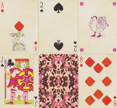 four playing cards with different designs and numbers on each card, all in pink and red