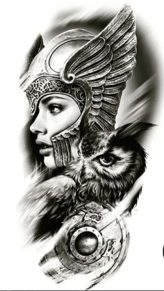 a woman with an owl tattoo on her arm and head, in black and white