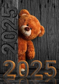 a brown teddy bear peeking out from behind a wooden sign with the year 2050