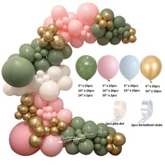 some balloons are arranged in different colors and sizes