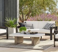 a white couch sitting on top of a wooden table next to a potted plant