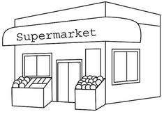 a supermarket building with two boxes full of eggs on the outside and an open door that says supermarket