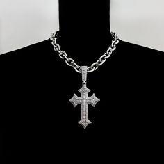 * Stainless Steel Chain & Cubic Zirconia Charm * Includes a 3" extension for adjustability Diamond Jewerly, Large Cross Necklace, Custom Fitted Hats, Jewelry Tattoo, Silver Cross Pendant, Cross Chain, Chunky Jewelry, Girly Accessories, Barbed Wire