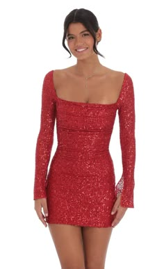 Sequin Long Sleeve Dress in Red | LUCY IN THE SKY Red Hoco Dress Long Sleeves, Red Sparkly Dress Short, Red Dress Tight, Long Sleeve Hoco Dress, Winter Formal Dresses Short, Snowball Dresses, Red Hoco Dress, Red Sparkly Dress, Lace Bodycon Dress Long Sleeve