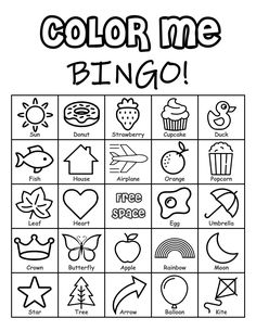 the color me bingo game is shown in black and white, with an image of different items