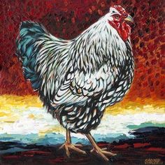 a painting of a rooster on a red background