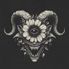 an animal skull with large horns and flowers on it's head, in black and white