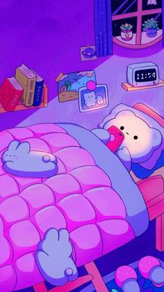 a cartoon character laying in bed with his head on the pillow and other items around him