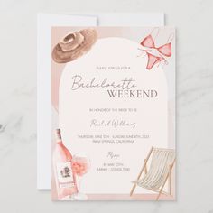 a pink and white wedding card with an image of a beach chair, bottle of wine and hat