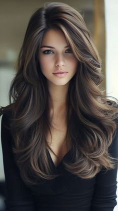 Long Hair With Front Layers, Medium Haircut With Layers Face Framing, Haircuts For Long Hair Side Part, Hair With Lots Of Layers, Rambut Brunette, Butterfly Haircut, Haute Hair