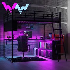 Space-Saving Structure: The design features a long desk complemented by two 2-tier storage shelves beneath the bed, maximizing available space and ideal for smaller rooms. Full Loft Bed Ideas, Full Loft Bed Ideas For Small Rooms, Loft Storage Bed, Punk Apartment, Bed Ideas For Small Rooms, Loft Bed Ideas For Small Rooms, Queen Loft Beds, Loft Bed Ideas, Full Loft Bed