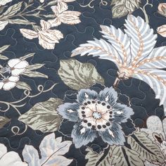 a close up view of a black and blue flowered fabric