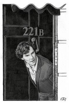 a black and white drawing of a man in a suit peeking out from behind a door