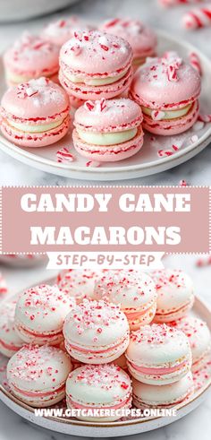 Candy Cane Macarons arranged on a festive plate, showcasing holiday colors and flavors for Christmas desserts. Holiday Macarons Christmas, Macrons Recipes Christmas, Winter Macarons Flavors, Peppermint Bark Desserts, Packaging Macarons Ideas, Cute Christmas Dessert Recipes, Fancy Christmas Recipes