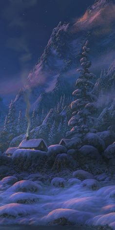 a snowy mountain scene with houses and trees in the foreground, at night time