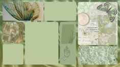 a collage of photos with butterflies and flowers on them in shades of light green