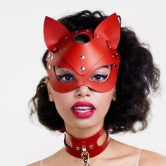 Red Leather Cat Ear Masquerade Face Mask One Size Fit Most -Cat Ear -Half Face -Synthetic Leather -Solid Red -Silver Studded -Adjustable Straps -Soft And Comfortable -Lightweight Brand New Wide Range Of Usage For Various Occasions Like Halloween Parties, Cosplay Party, Performances, Festival And Much More Fox Masks, Cat Masquerade Mask, Catwoman Mask, Pet Party, Catwoman Cosplay, Half Face Mask, Leather Mask, Cat Mask, Leather Lingerie