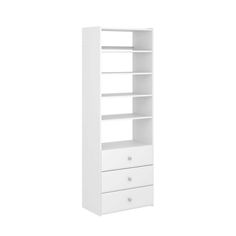 a white bookcase with three drawers on the bottom and one drawer in the middle