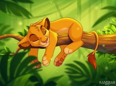 a cartoon lion sleeping on a tree branch in the jungle with leaves around it's edges